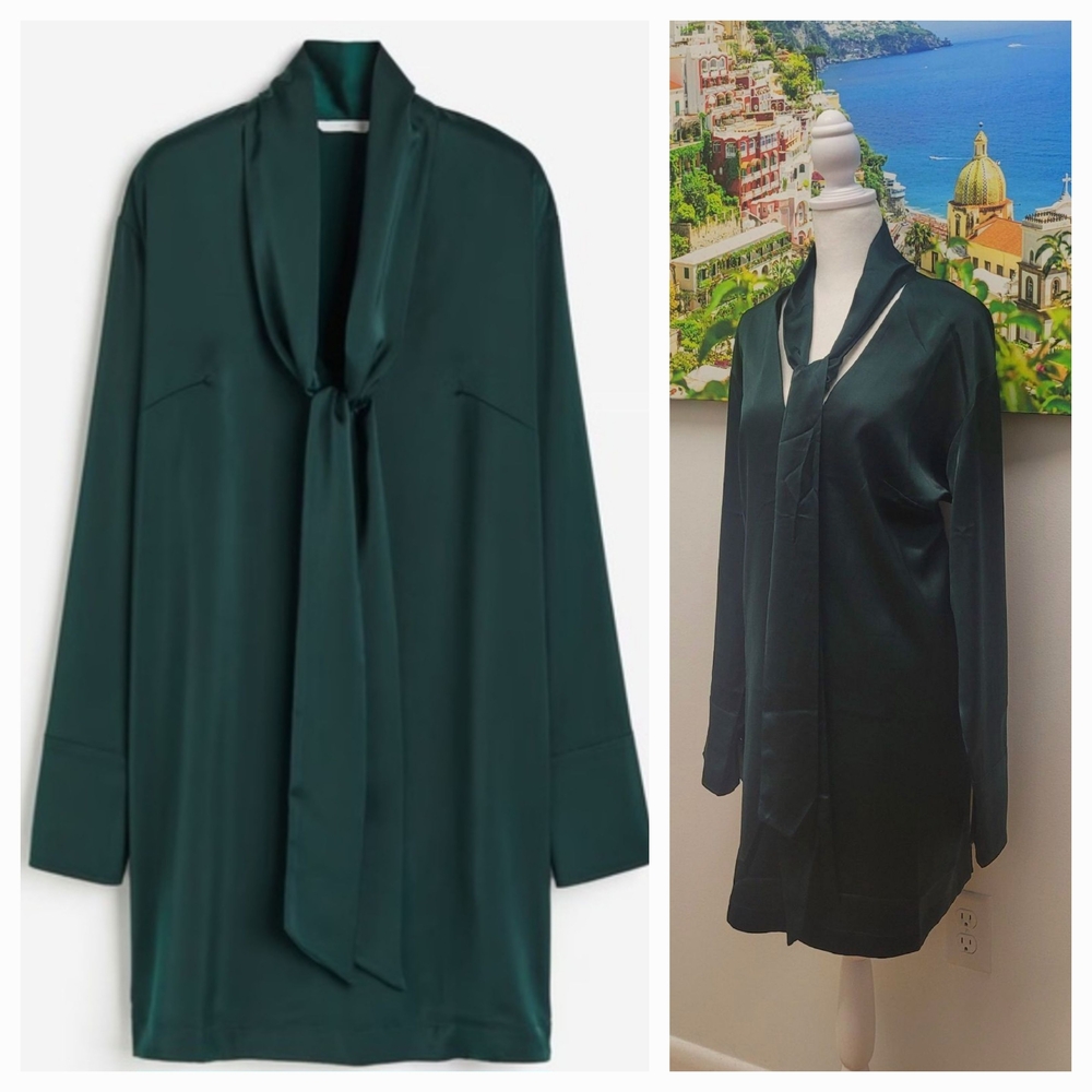H&M Dark Green Tie-Neck Dress